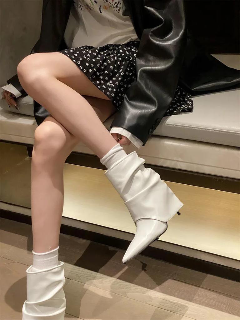 Fashion 2025 Autumn Winter Pleated Pointed Toe Women Ankle Boot Wedges High Heels Banquet Prom Street Style Female ShoesEilyken