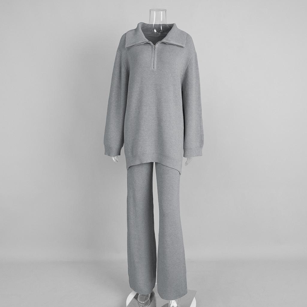 Новый женский вязаный костюм на осень-зиму 2025 года с воротником на молнии, длинными рукавами и брюками палаццо для Европы и Америки