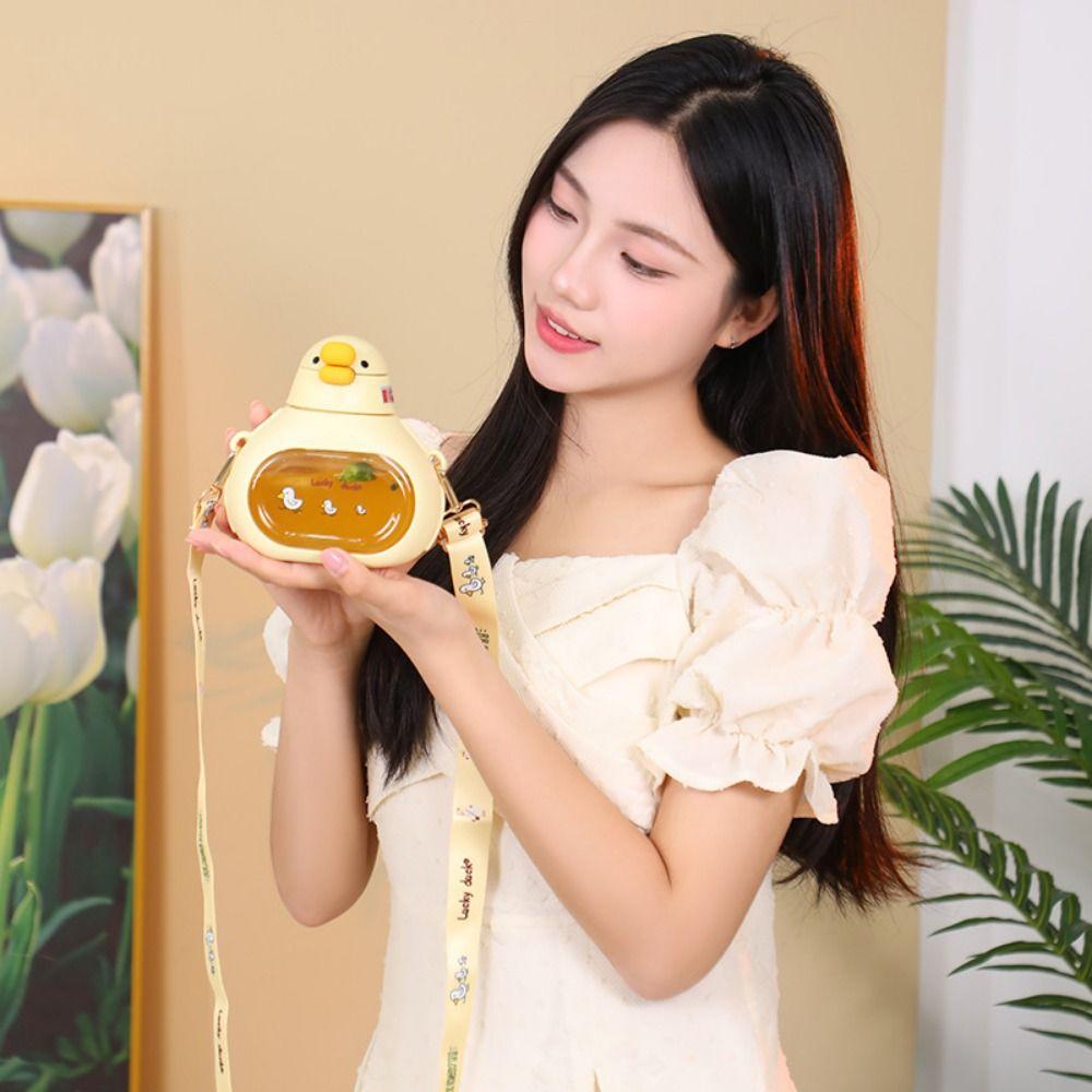 with Straw Cute Duck Bottle Carried with Straps Large-Capacity Big Belly Cup Running