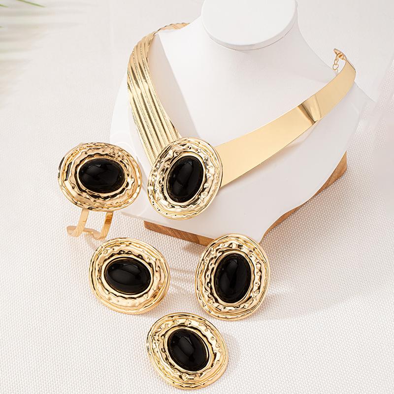 Black Gemstone Setting, Collar Stud Earrings, Bracelet Set, Bohemian Jewelry.