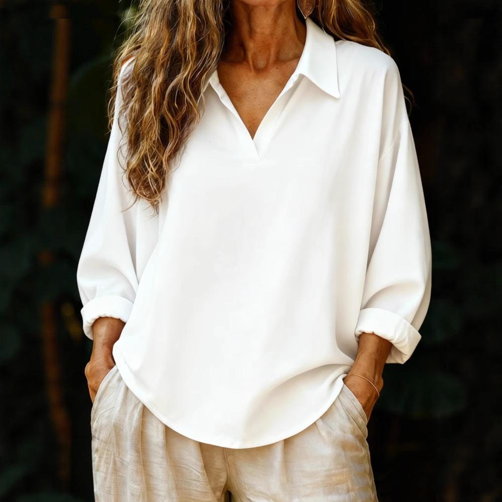 Женская весенняя рубашка Amazon с воротником, пуловер с длинным рукавом, однотонная, свободная женская рубашка