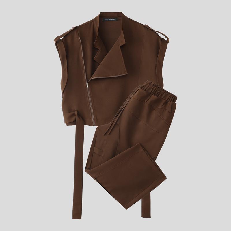 INCERUN Two Pieces Sets Men Zip-up Sleeveless Cropped Waistcoat and Long Cargo Pants Outfits