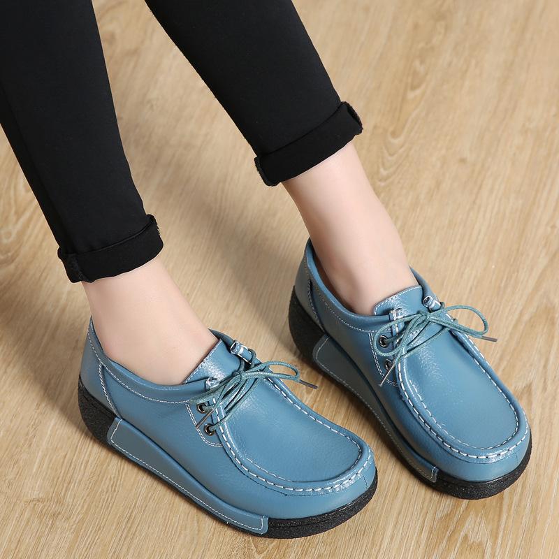 Round Toe Thick Sole Leather Shoes with Sloping Heel Women's Muffin Shoes