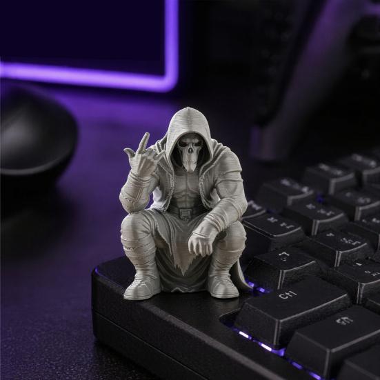 Мини-фигурка черепа с капюшоном, напечатанная на 3D-принтере, Настольное украшение в темном стиле, Крутой скелет с жестом рок-музыканта, Декор для кабинета, комнаты для киберспорта