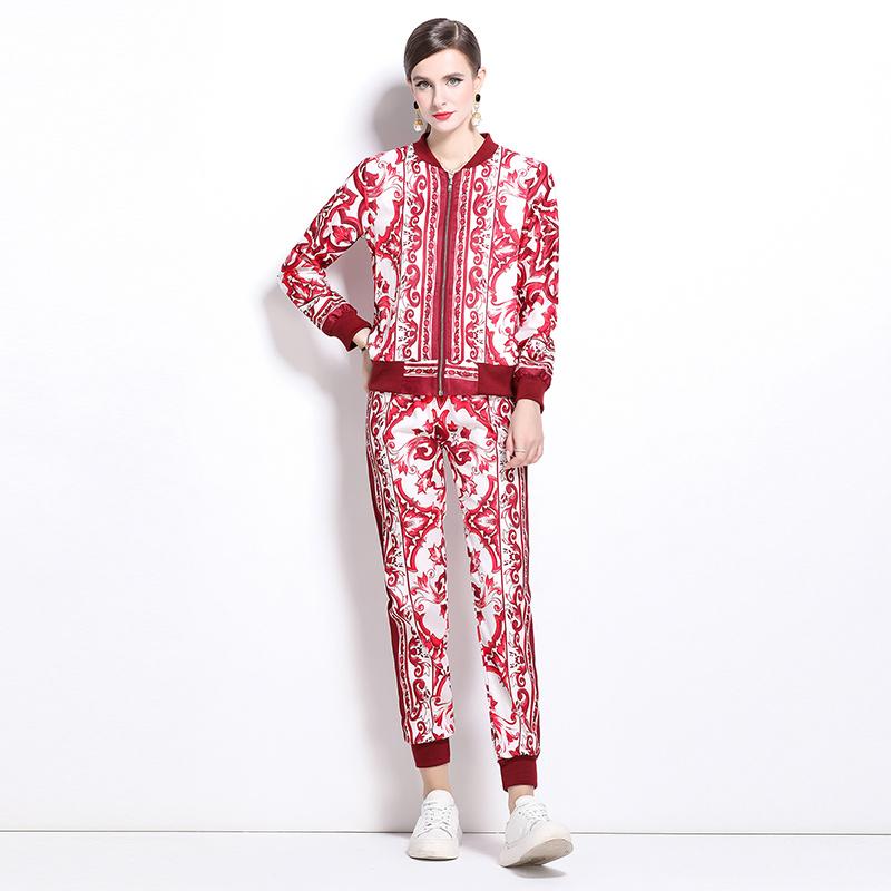 Весна Осень Модный Дизайнерский Подиумный Комплект Из 2-х Частей Женский Куртка На Молнии Пальто И Эластичный Талия Карманный Костюм Узкие Брюки