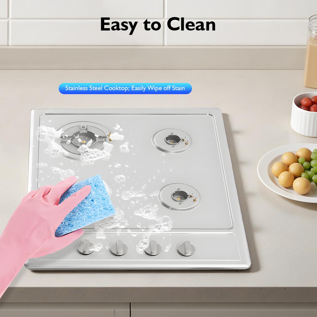 Powerful Built-in Gas Cooktop 4 Burner, Stainless Steel with 3KW Rapid Burner & Cast Iron Grates for Kitchen