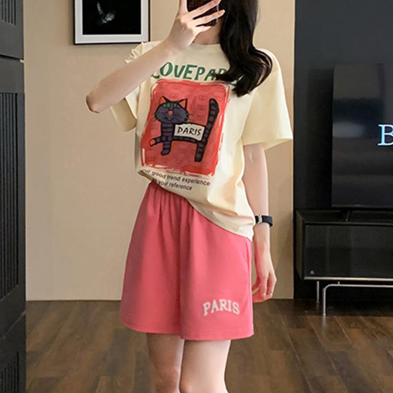 Академический стиль Повседневные спортивные костюмы для женщин, летние корейские мультяшные рисунки, свободная футболка с короткими рукавами и шорты y2k Беговой комплект из двух предметов для молодой девушки