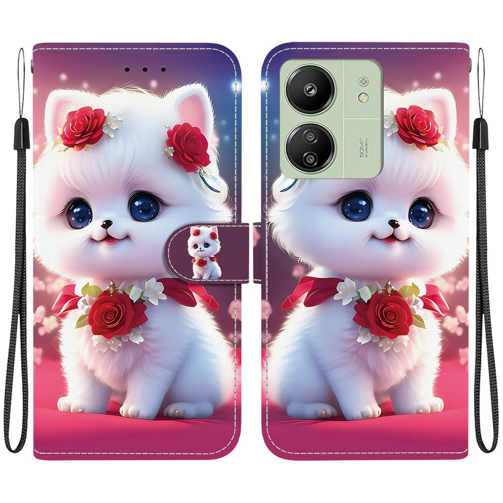 Чехол-книжка из искусственной кожи ручной работы для Xiaomi Redmi 13C 5G / Redmi 13C (4G) Противоскользящий ударопрочный чехол с ремешком на запястье и дизайнами в виде сердец/роз и кошек