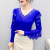 Spring Autumn Women's Ruffles Sleeve T-Shirt Elegant V-neck Tees Slim Ladies Tops With Rhinestone