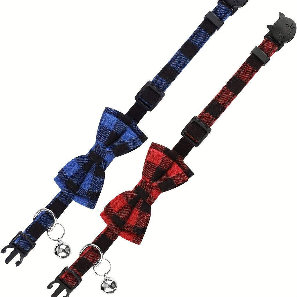 Cat Collars with Bell & Cute Bowtie Adjustable Plaid Polyester Collars for Cats, Kittens & Small Dogs Pet Safety Collar Pet Accessory
