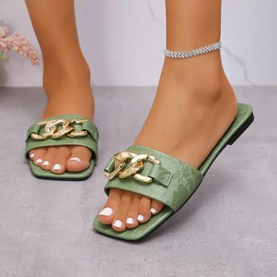 Модная обувь для женщин 2024 года, горячая распродажа, женские тапочки с квадратным носком, летние тапочки с открытым носком и цепочкой, однотонные, повседневные, пляжные, большого размера