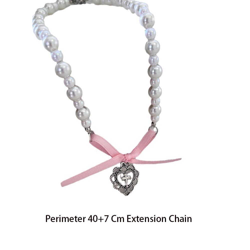 Metal Y2K Heart Necklace Romantic Bow Love Cross Necklace French Bowknot Pendant Women