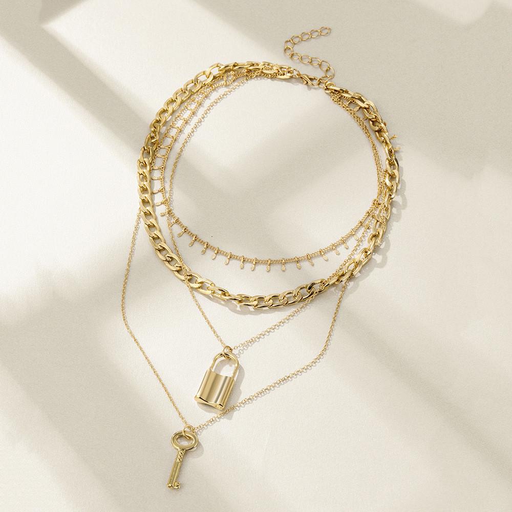 Chic Multi-layer Key Lock Necklace Fashion Forward Geometric Alloy Statement Piece