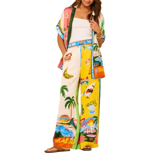 Женский комплект из 2 шт./компл., однобортный однобортный короткий стиль, рубашка с ярким принтом, брюки, топ с рукавами и лацканами для отдыха на Гавайях