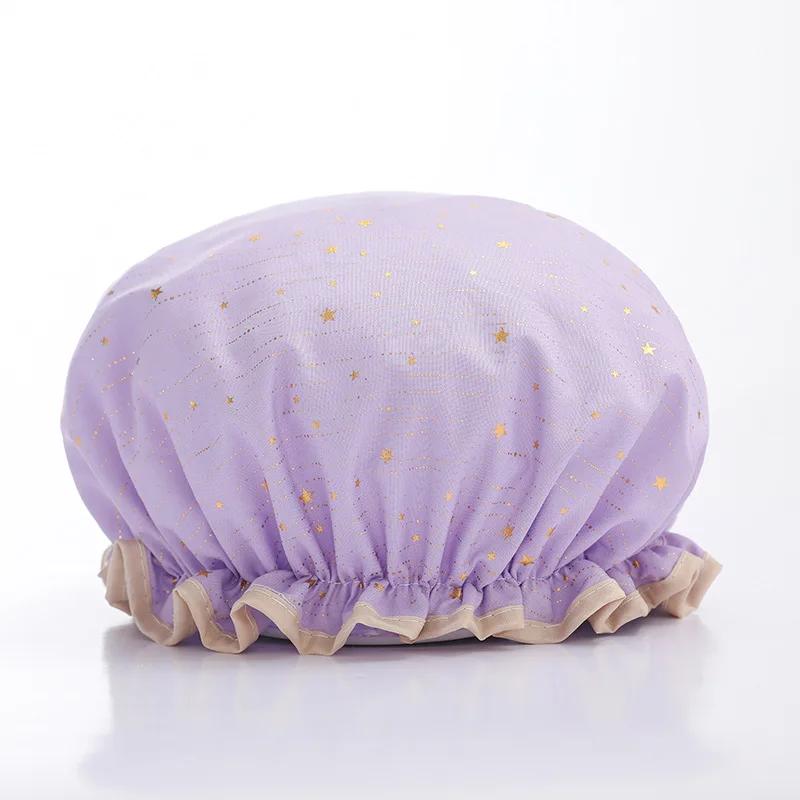 Double Shower Cap Waterproof Hair Cap Hot Gold Printed Terylene Cotton Shower Hat Bathing Comfortable Women Eco-Friendly