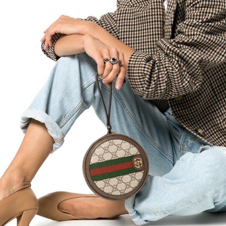 Gucci Круглая монетница из канвы GG Supreme с отделкой из коричневой кожи и полосой Web, Женская сумочка-клатч на запястье для ежедневных поездок 574841-96IWG-8745