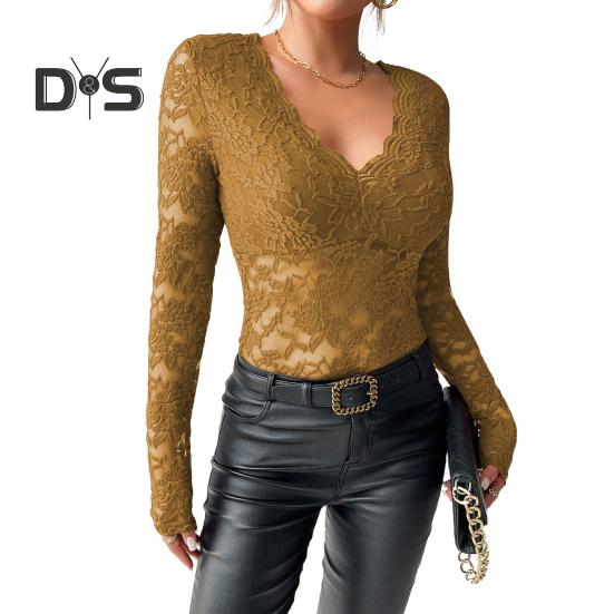 Женские топы, однотонная рубашка с V-образным вырезом и длинным рукавом, прозрачная вышитая кружевная повседневная рубашка с цветочным узором