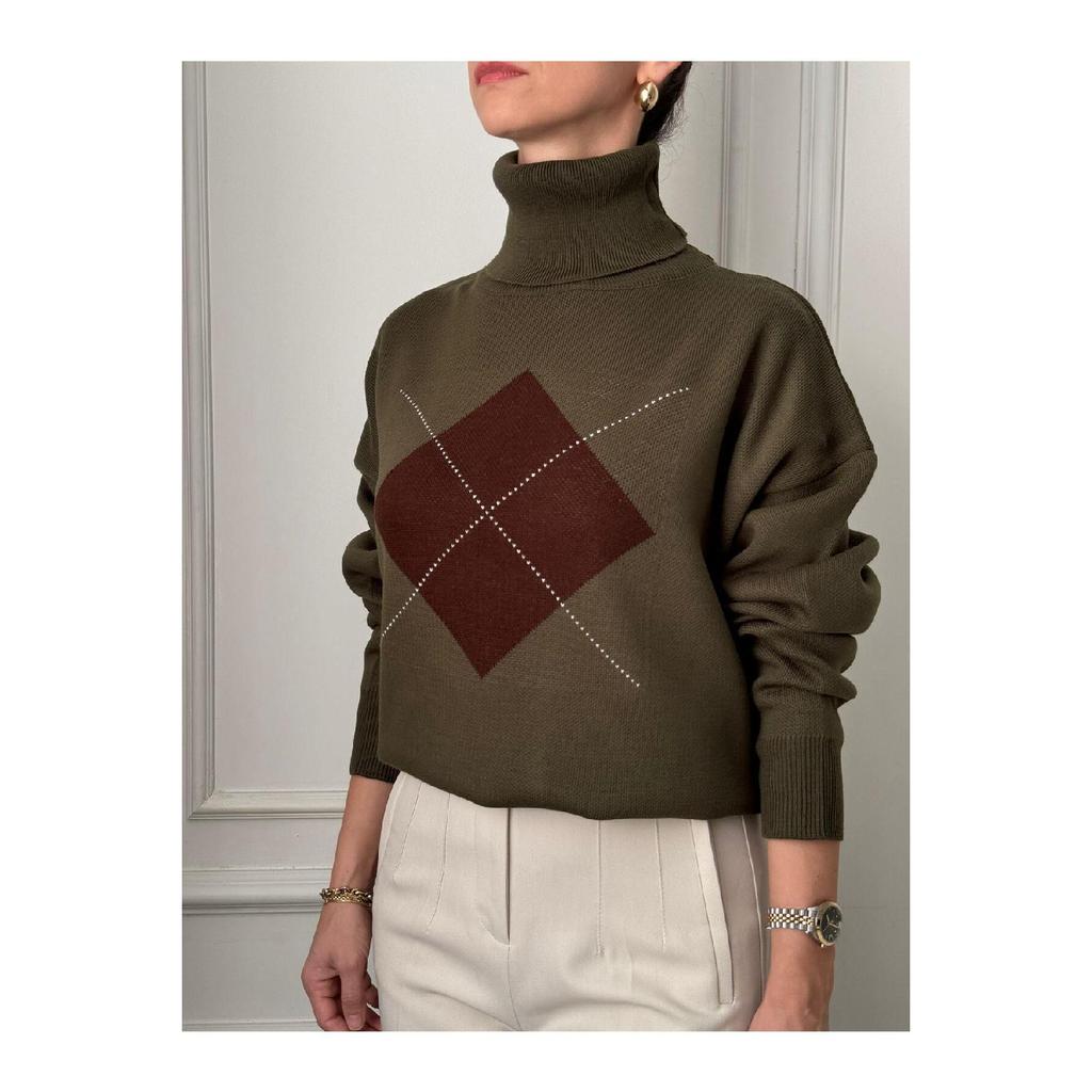 Khaki Square Patterned Turtleneck Sweater
