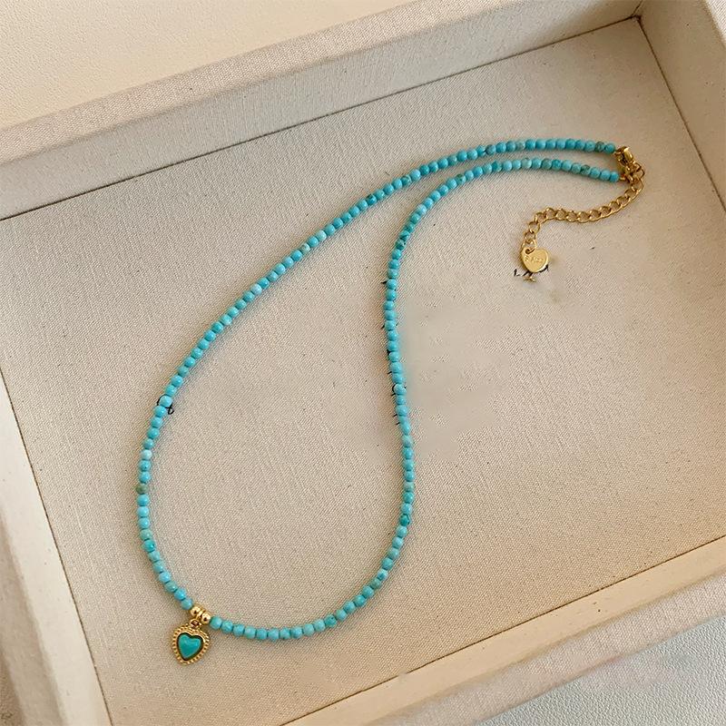 Blue Turquoise Love Pendant, Titanium Steel Necklace, Niche Design, Fashionable, Simple and Versatile, High-end Exquisite Necklace Women