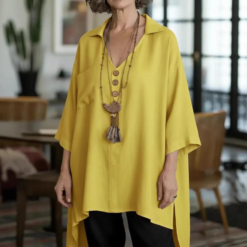 Женская модная повседневная свободная хлопково-льняная блузка однотонная с пуговицами спереди, укороченная сзади, удлиненная спереди