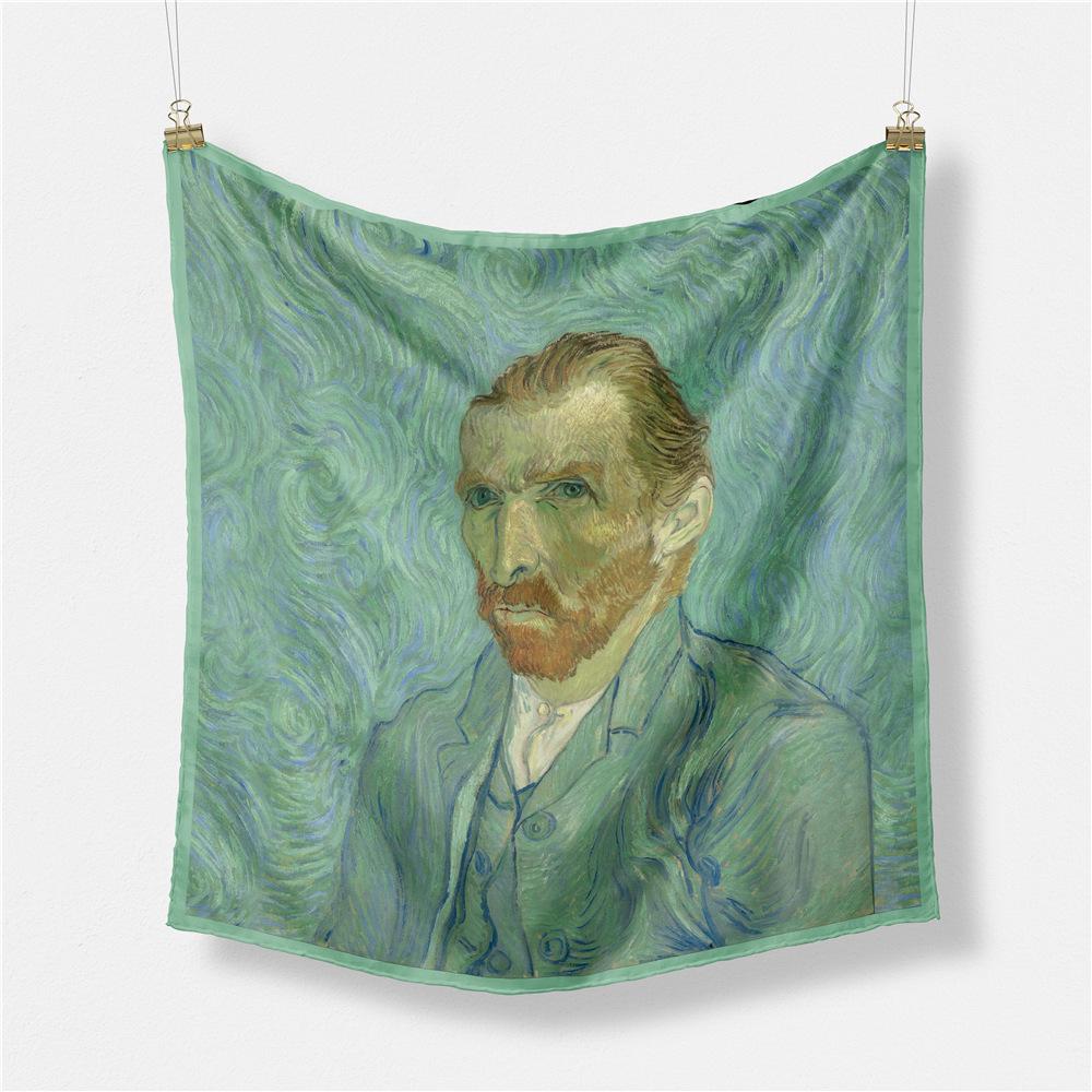 53cm Silk Scarf Van Gogh Painting Square Scarves Wraps Bandana Small Hijab Silk Foulards Tie Headband Neckerchief