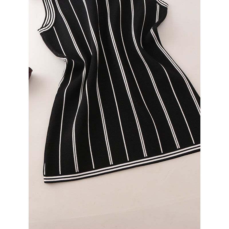 T Style Vertical Striped Round Neck Cut Loose Vest Summer Sleeveless Fashion Outwear Knitting Export Tops Women