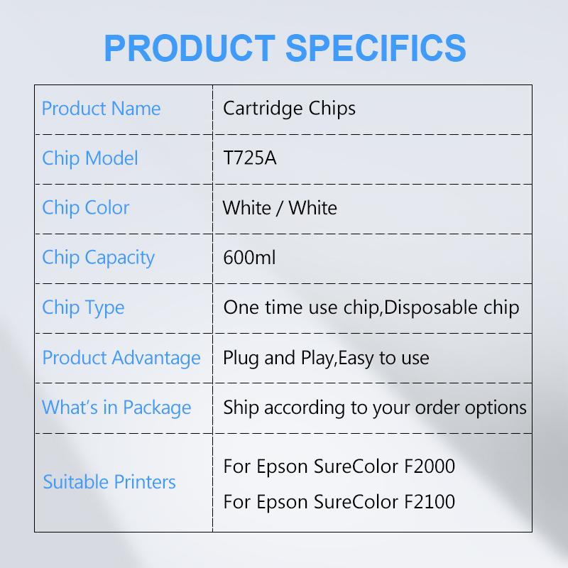 New Upgrade T725A White Ink Cartridge Chip For Epson SureColor F2000 F2100 SC-F2000 SC-F2100 Printer T725A00 White Chips