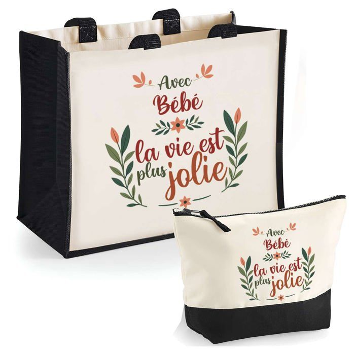 Duo cabas jute et trousse Bébé la vie est plus jolie Cadeau Bébé Anniversaire Noël | Sac de courses Pochette Maquillage Shopping