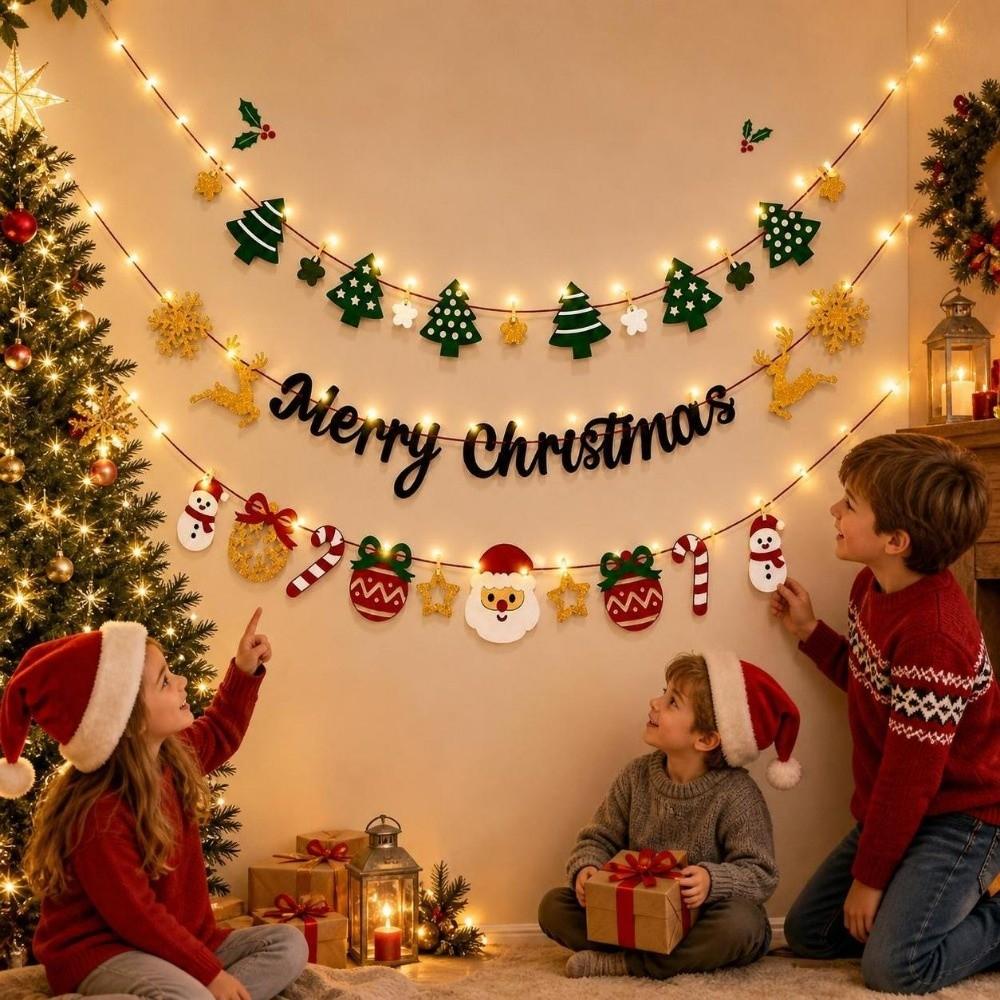 Warm Light Wall Hanging Banner Cartoon DIY Pull Flag Christmas Luminous Banner Christmas Party