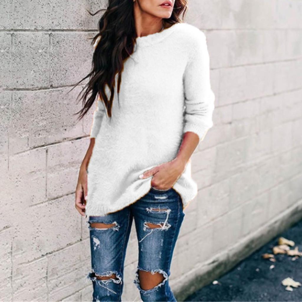 Женская бархатная однотонная блузка с круглым вырезом и длинными рукавами