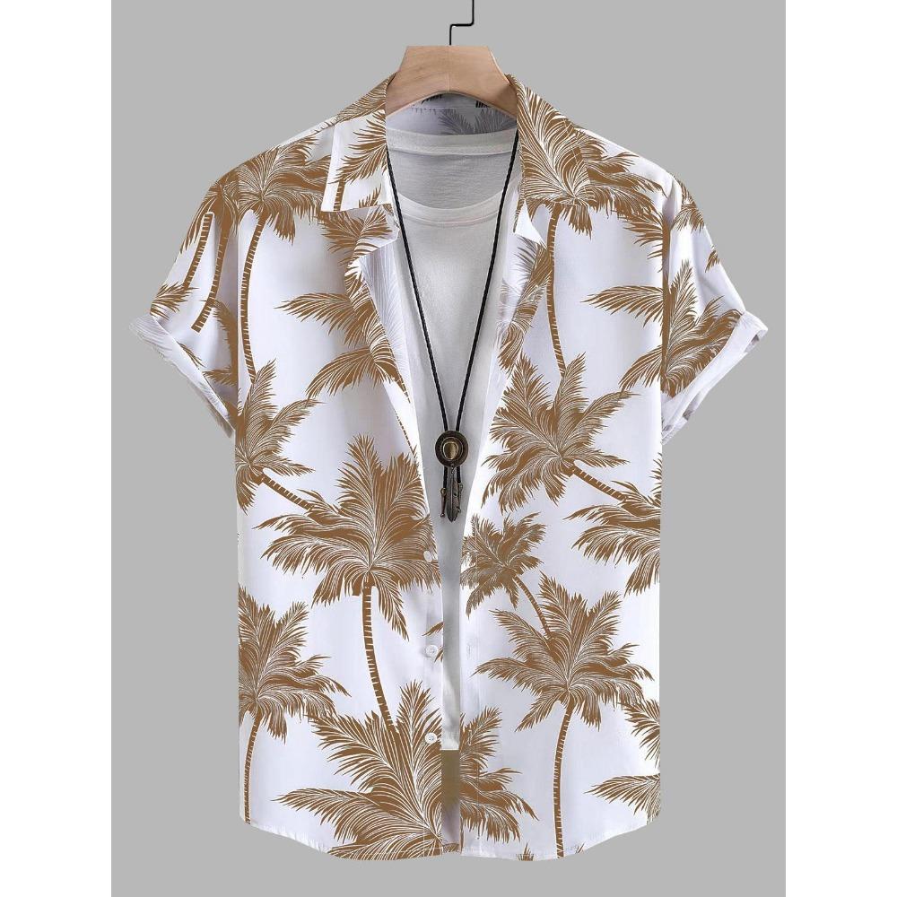 Tropical Coconut Tree Pattern Men's Short Sleeve Button Down Lapel Shirt For Summer Resort Holiday Hawaiian Style Oversized Tops