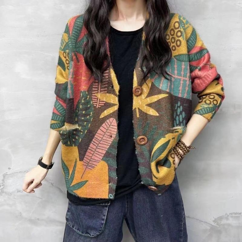 Women's Literary Retro Fall Printing Mink Cardigan Loose Thin Long-sleeved V-neck Knitted Jacket Blouse