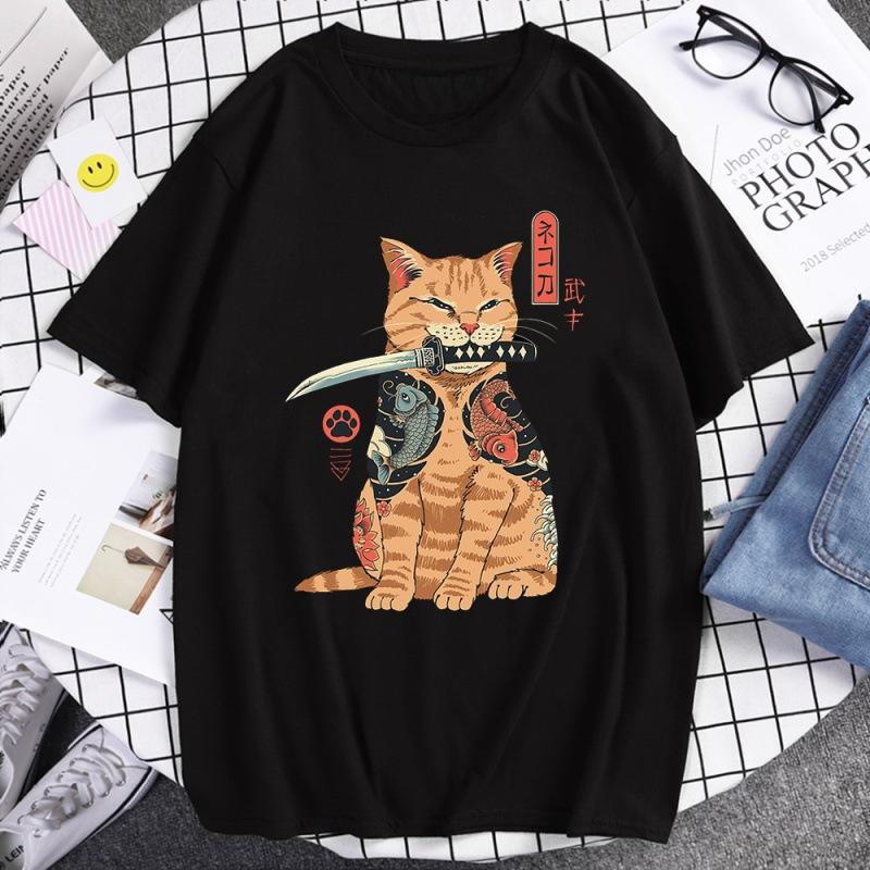Japanese Harajuku Samurai Sword Cat T-Shirt Men Women Casual Tee Clothes Polyester Summer Tops Breathable Oversized T-Shirts Couple