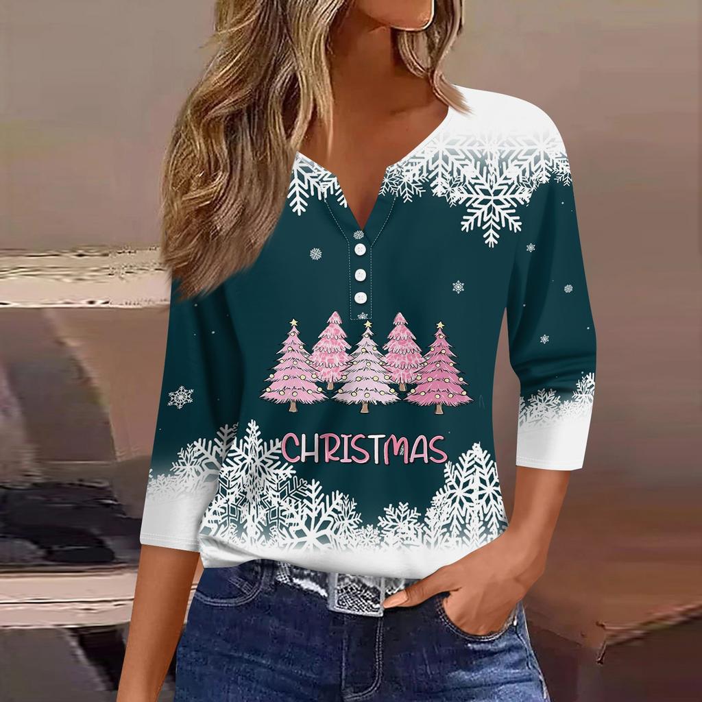 Women's T Shirt Tee Print Button 3/4 Sleeve Daily Weekend Fashion Basic V- Neck Regular Top