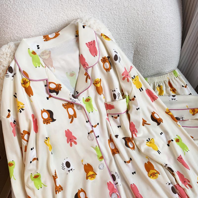 Cartoon Cute Animal Print Sweet Women Pajamas Korean Harajuku Lazy Homewear Autumn/Winter Milk Silk Home Set