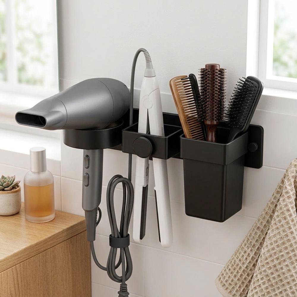 Detachable Cup Wall Mount Hair Dryer Holder Multi-Slot Curling Iron Storage Rack Vanity Counter