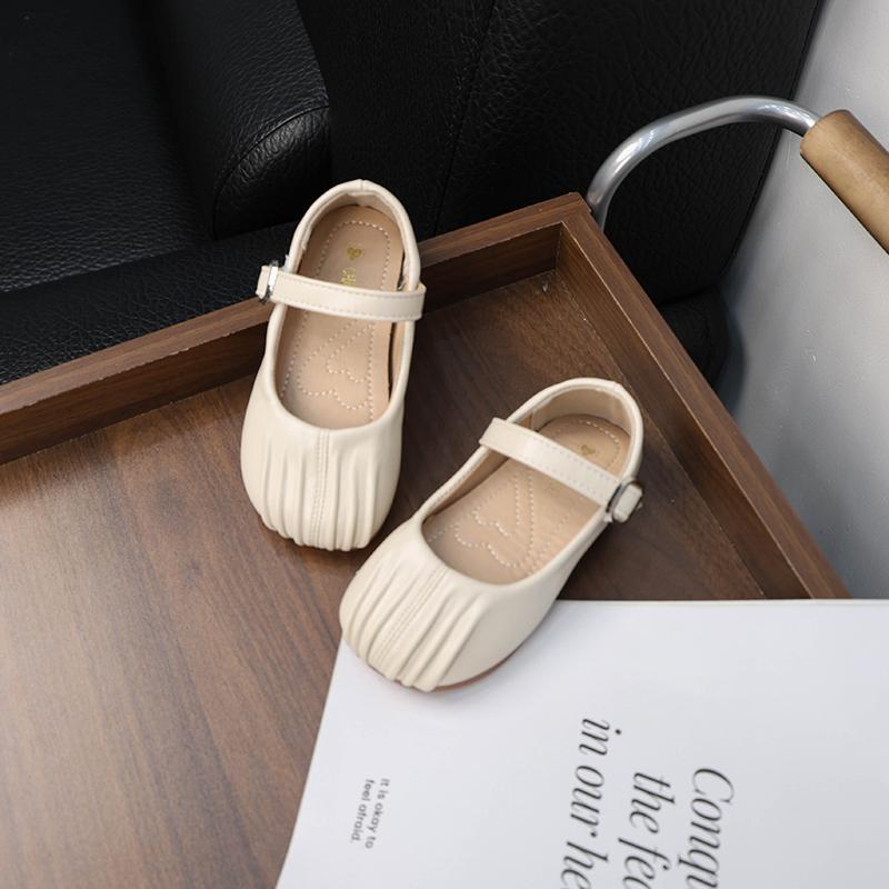 Simple Little Girl Leather Shoes Solid Color Pleated Children's Flats Fashion Versatile Kids Causal Walking Shoes Spring Autumn