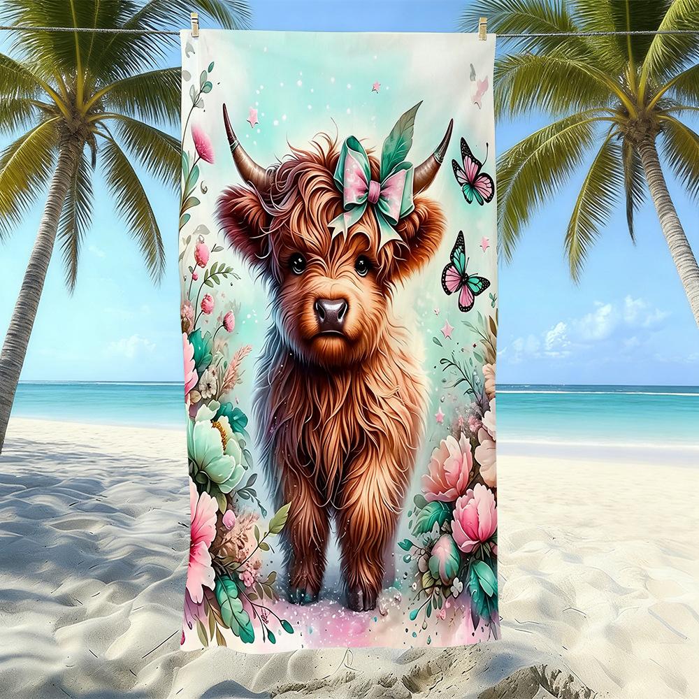 European And American Retro Highland Beef Printing Beach Towel Microfiber Thickened Water Absorption Quick Drying Outdoor Bath Towel
