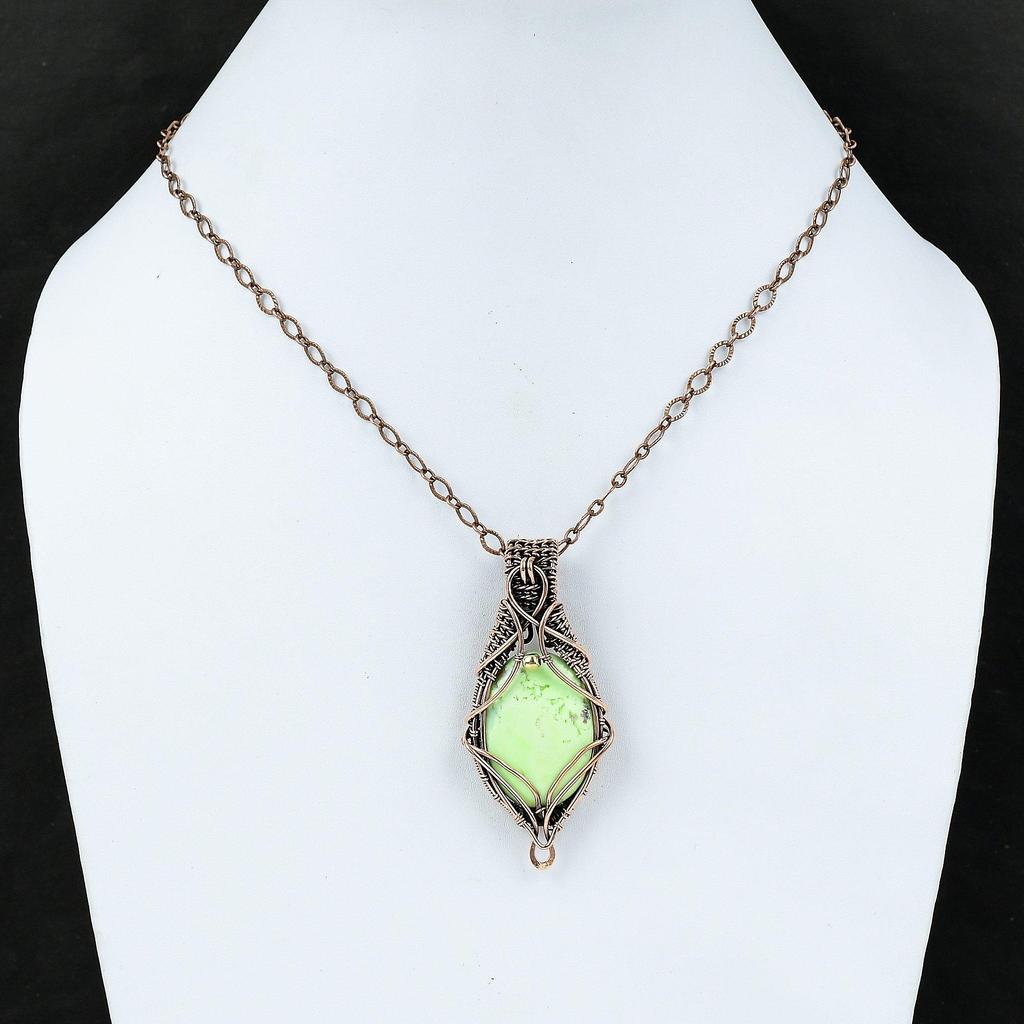 Подвеска из лимонного хризопраза, медная проволочная обертка, драгоценный камень, медные украшения, стильная подвеска, проволочная обертка, ручная работа, кулон для подарка