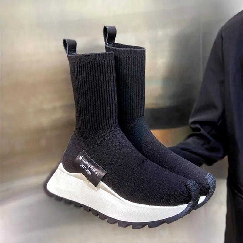 Ботильоны на платформе с носками, женские осенне-зимние повседневные высокие эластичные удобные ботинки из трикотажной ткани, женские ботинки на толстой подошве