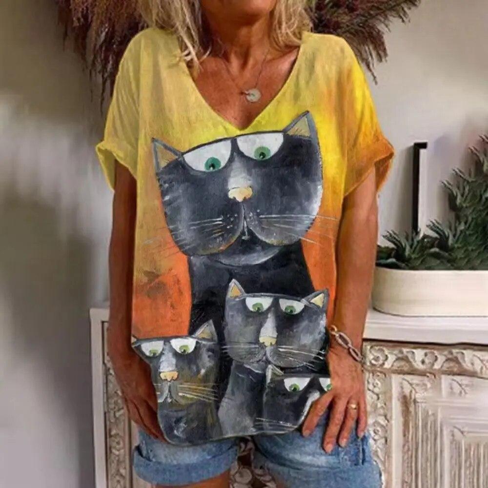 Summer Casual V-neck T-shirt Women's Cat Print Shirt Top Loose Vintage Women's Street Wear Short Sleeve Clothes XXS-6XL