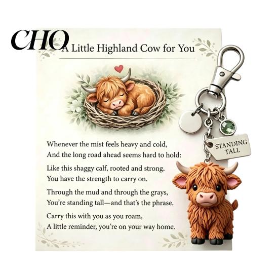 Cow Lover Gift Keychain Pendant Highland Charm Key Chain with Inspirational Pink Still Standing Tall Label Soft Alloy Resin Keyring Animal Accessory