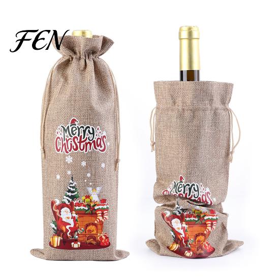 Reusable Fabric Wine Gift Sacks Christmas Bottle Bag, Vintage Drawstring Sleeve, Faux Festive Bags for Birthdays Linen Cover Clothes New Year Wedding