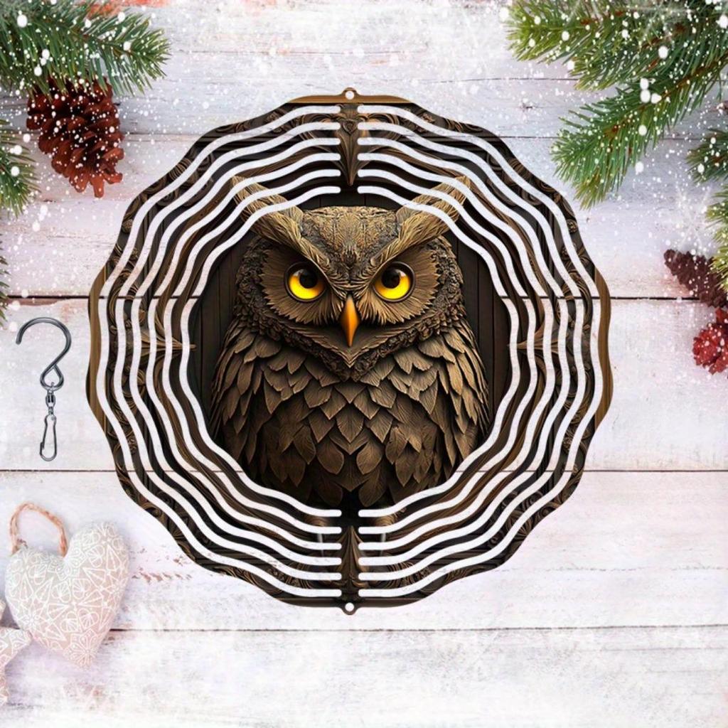 Laser Cut Metal Wind Spinner 3D Mandala Owl Design Outdoor Garden Decor Hanging Sculpture with Holographic Effect Creative Gift