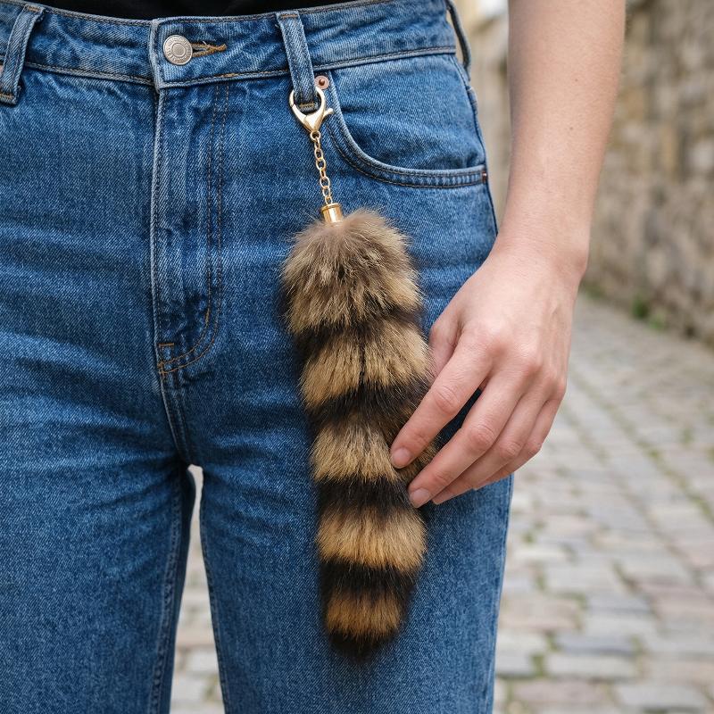 Plush Raccoon Tail Keyring Furry Animal Bag Charm 1pc Faux Fur Keychain with Soft Pompom for Purse and Keys