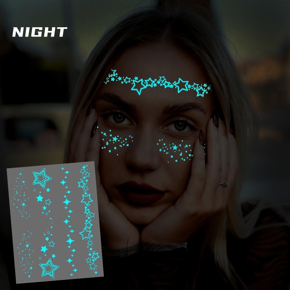 Синяя светящаяся луна и звезды татуировки наклейки для женщин белый дизайн поддельные браслет ожерелье татуировки для лица грудь руки палец татуировка хной