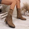 Plus Size Fringed Boots, Women's Round Toe, Mid Block-heeled Vintage Western Cowboy Boots, Nubuck Fashion Booties