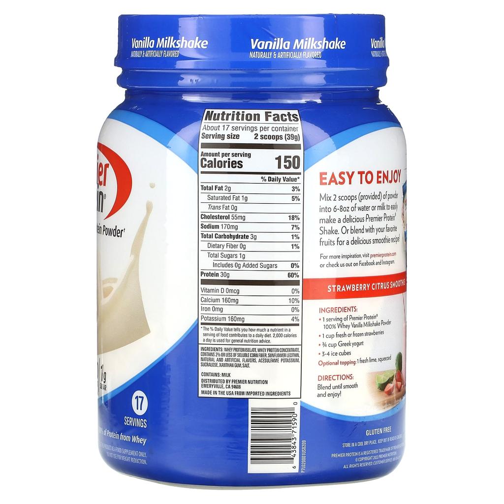Premier Protein 100% Сывороточный Протеин, Вкус Ванильный Молочный Коктейль, 1 фунт/7 унций (663 г)