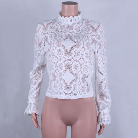 Воротник-стойка с длинными рукавами. Перспективная сексуальная рубашка. Вышивка. Цветочная вязаная крючком кружевная полая футболка. Топ. Уличная одежда.