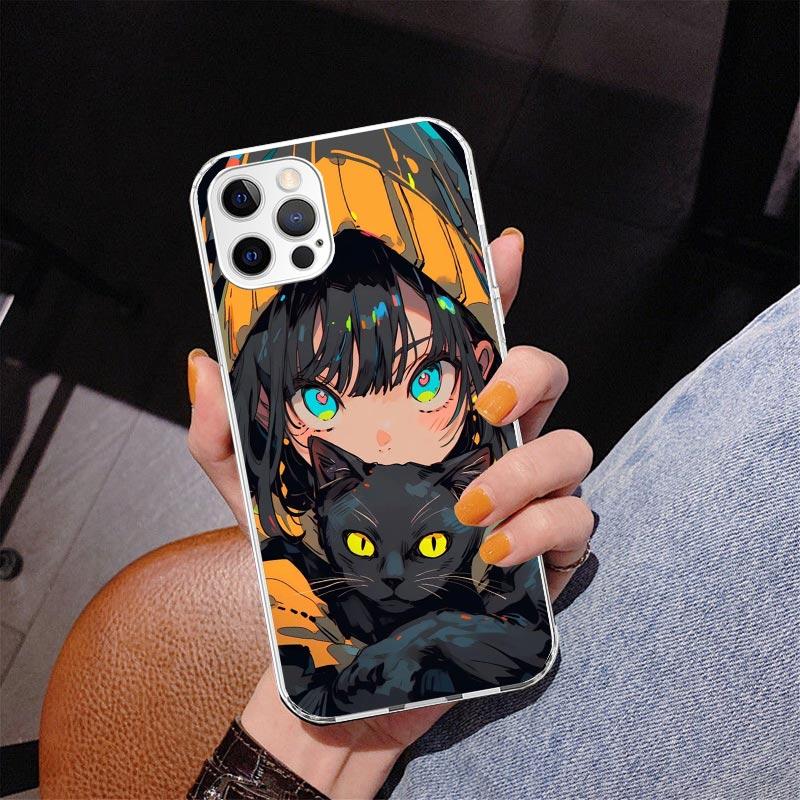 Милый черный кот Аниме Девушки Чехол для телефона Для iPhone 17 Air 16 Pro Max 16E 15 + 14 Plus 11 12 13 Mini 7 8 SE Подарок Печатная Крышка Fundas